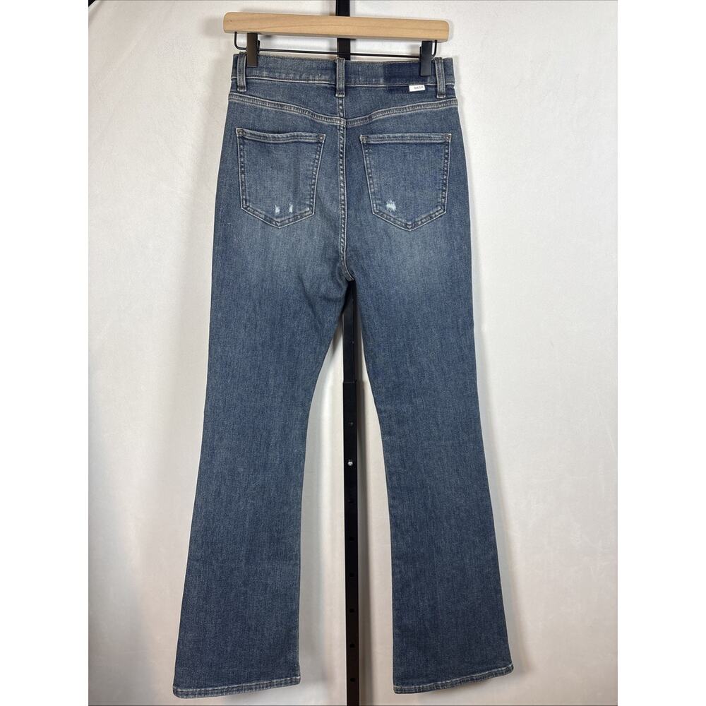 DAZE Denim High Rise Flare Jeans Womens 27 Dark Wash Hug Distressed Stretch Y2K - Picture 4 of 9